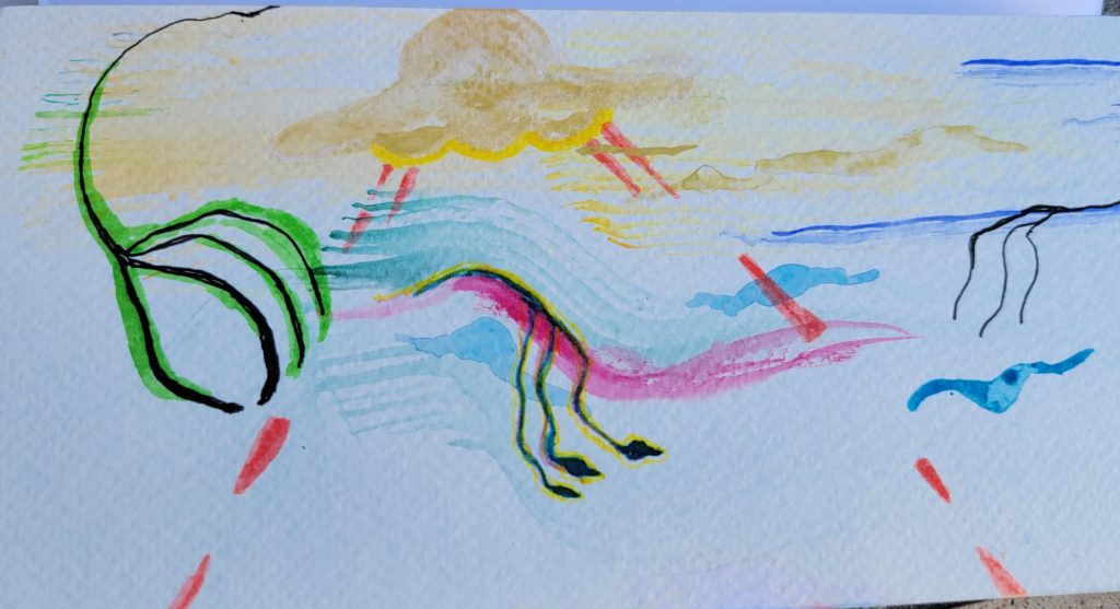 art drawing of ufo with hands coming out of the sky