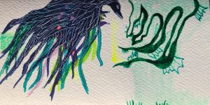 art drawing of dark bird with white lines and dark faces