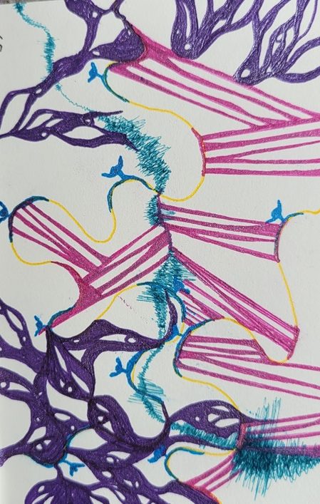 art drawing with pink lines and purple shapes repeating