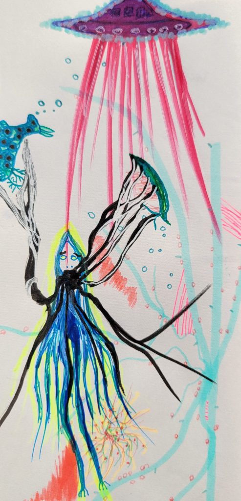 art drawing of blue alien and purple ufo