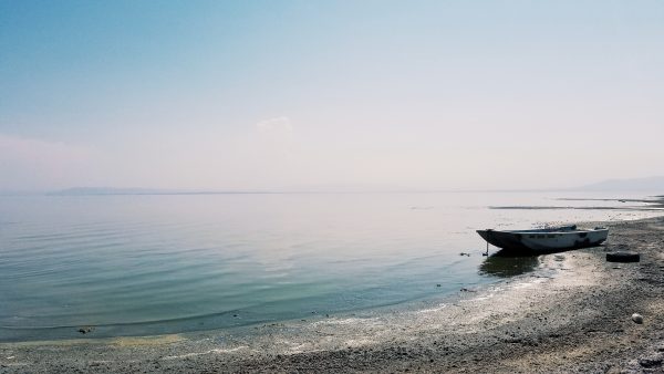 abandoned boat on the edge of sand in saltonsea