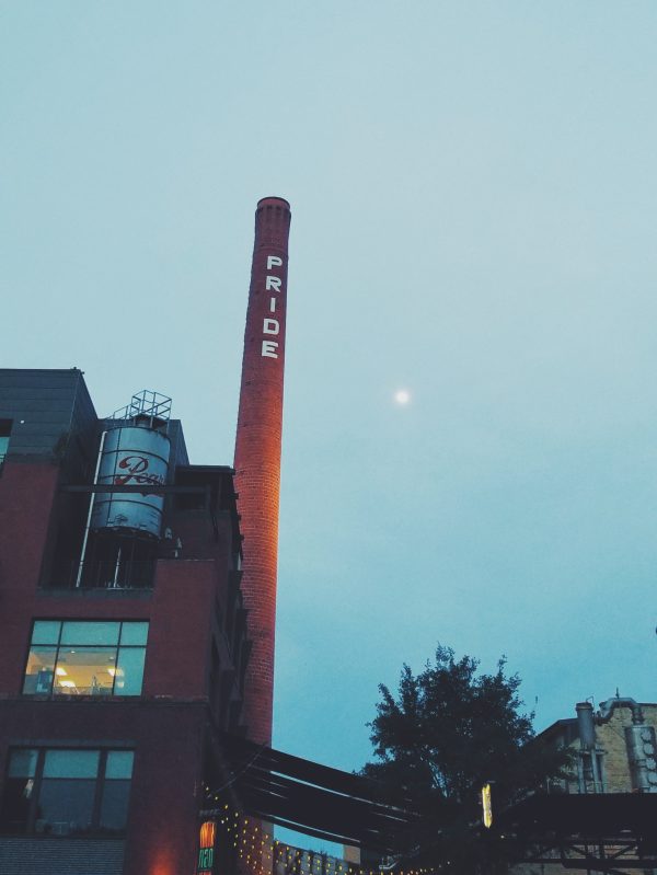 brewery tower with "pride" written in white