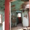 looking through a red door inside a green dilapidated house