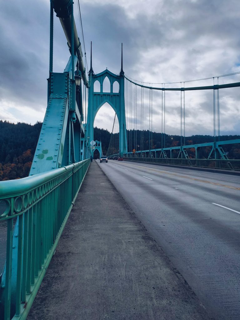 bkue bridge from the ground on a grey day