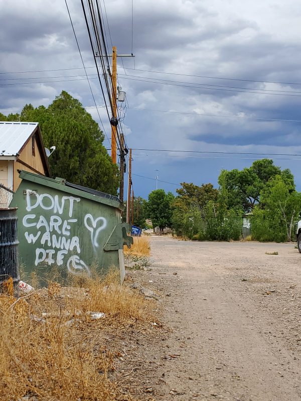 "don't care wanna die" spray painted on a green dumpster