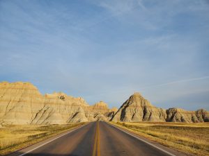 road into mountains in the badlands