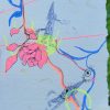 art drawing of neon lines, neon pink flower, and dark mythological anmals