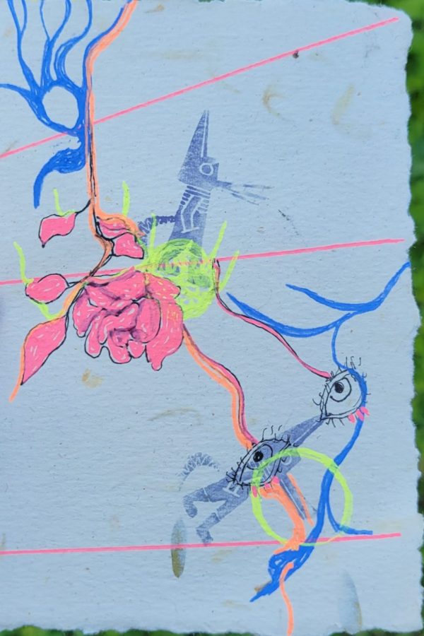 art drawing of neon lines, neon pink flower, and dark mythological anmals