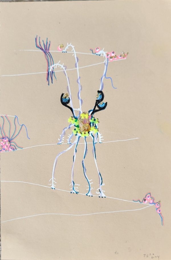 art drawing of white spider creature climbs up white lines