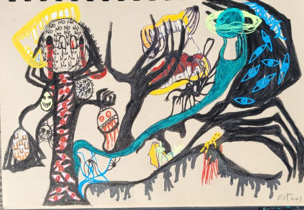 notebook style art drawing of dark figures and mouths with spiders