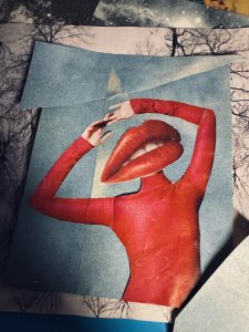 2 collage of person in red with red lips instead of a face