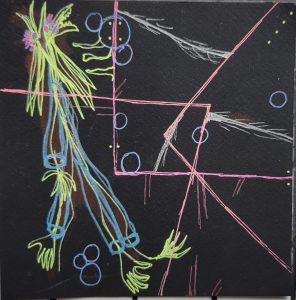 neon creature strolls on black paper with pink, blue, and white shapes, circles and lines