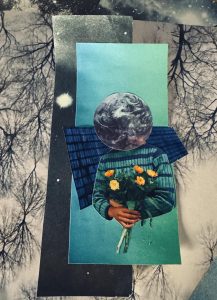 4 person holding flowers with earth as a head