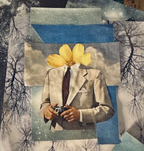 5 person in suit with a yellow flower instead of a head