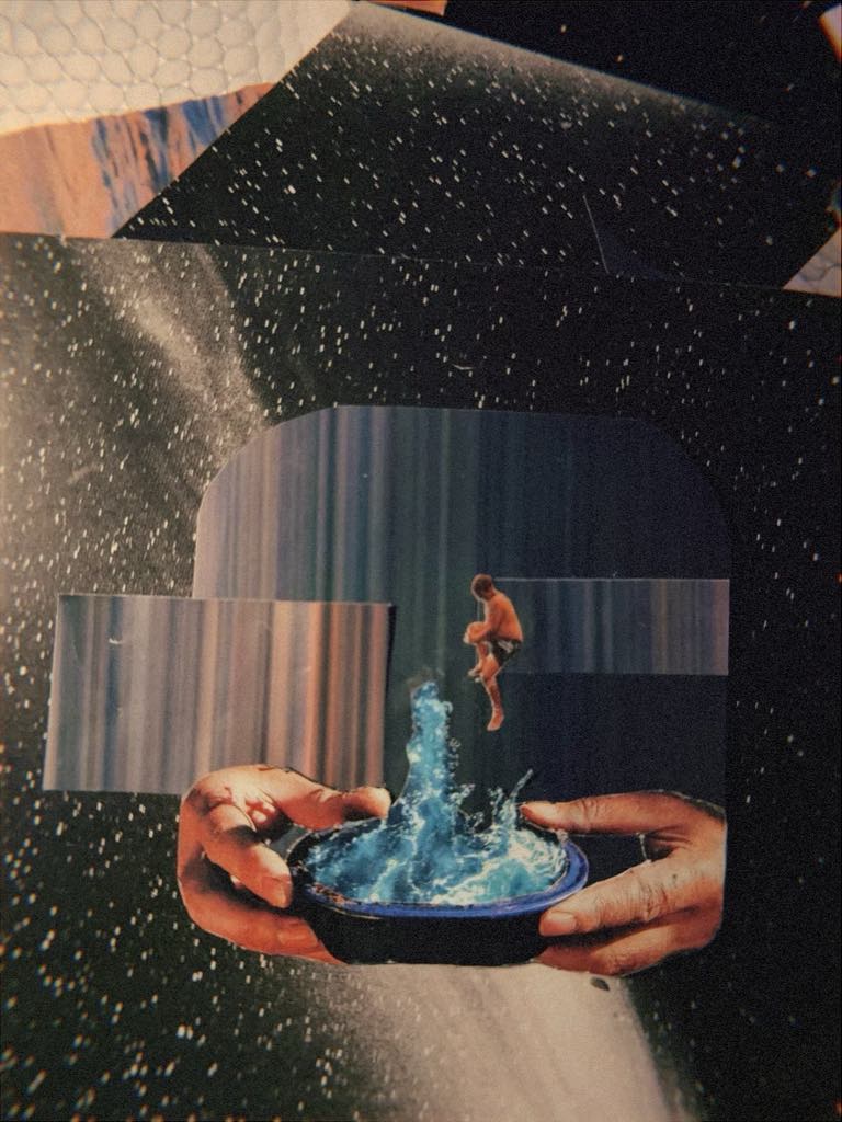 collage of space and lines with hands holding a pool of water