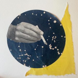 Messenger_creation_6eb05e0f-1c47-4922-9643-55b0210cf9a4 collage of white paper with yellow triangle. circle of space in the middle. white hand with cigarette within