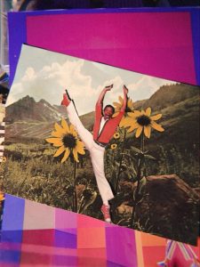 collage of woman kicking the air with large sunflowers on either side of her