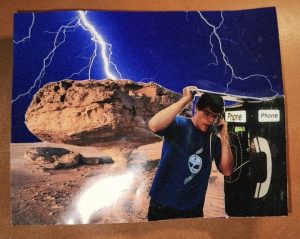 Messenger_creation_f43d5012-abc1-4348-bc35-875960226cb5 collage of lightning storm in the desert. man holds his hat while on a pay phone